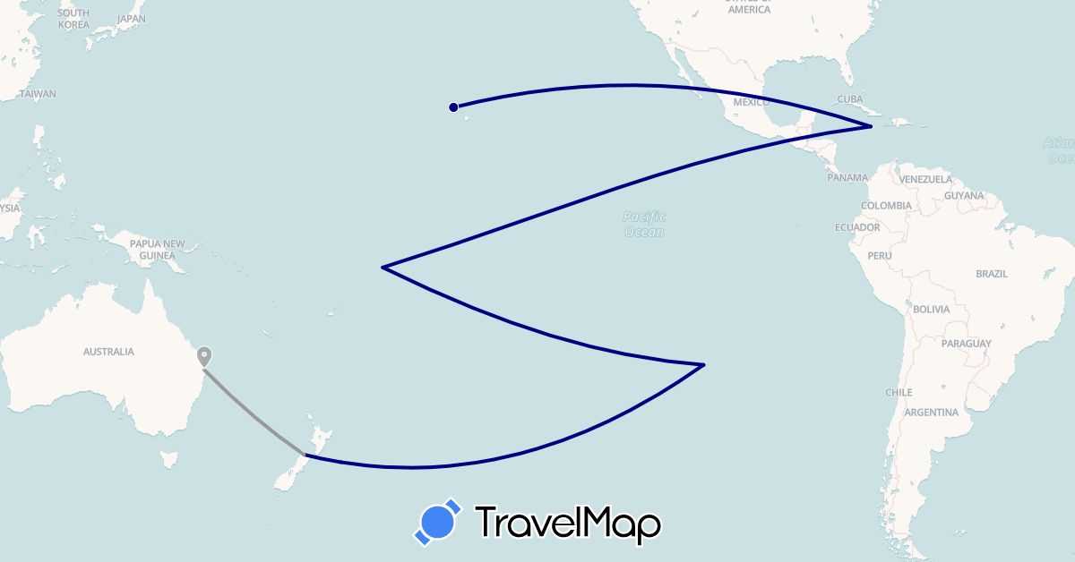 TravelMap itinerary: driving, plane in Australia, Chile, Jamaica, New Zealand, Tokelau, United States (North America, Oceania, South America)